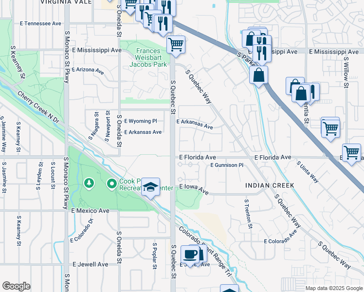 map of restaurants, bars, coffee shops, grocery stores, and more near 7474 East Arkansas Avenue in Denver