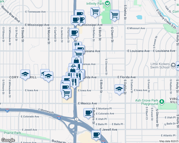 map of restaurants, bars, coffee shops, grocery stores, and more near 1470 South Ash Street in Denver