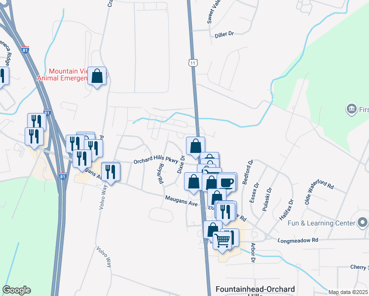 map of restaurants, bars, coffee shops, grocery stores, and more near 13715 Dixie Drive in Hagerstown