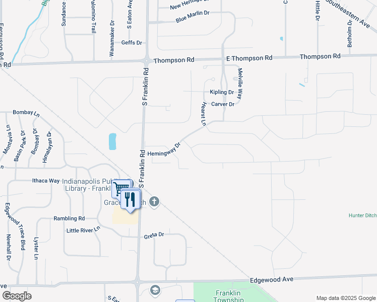 map of restaurants, bars, coffee shops, grocery stores, and more near 8617 Faulkner Drive in Indianapolis