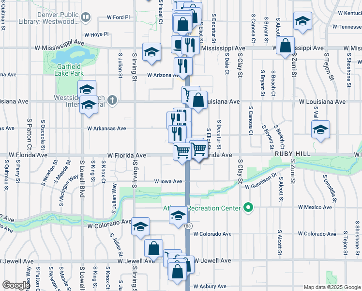 map of restaurants, bars, coffee shops, grocery stores, and more near 1445 S Federal Blvd in Denver
