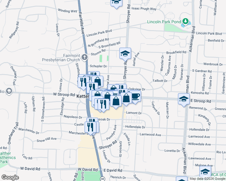 map of restaurants, bars, coffee shops, grocery stores, and more near 308 Oakview Drive in Dayton