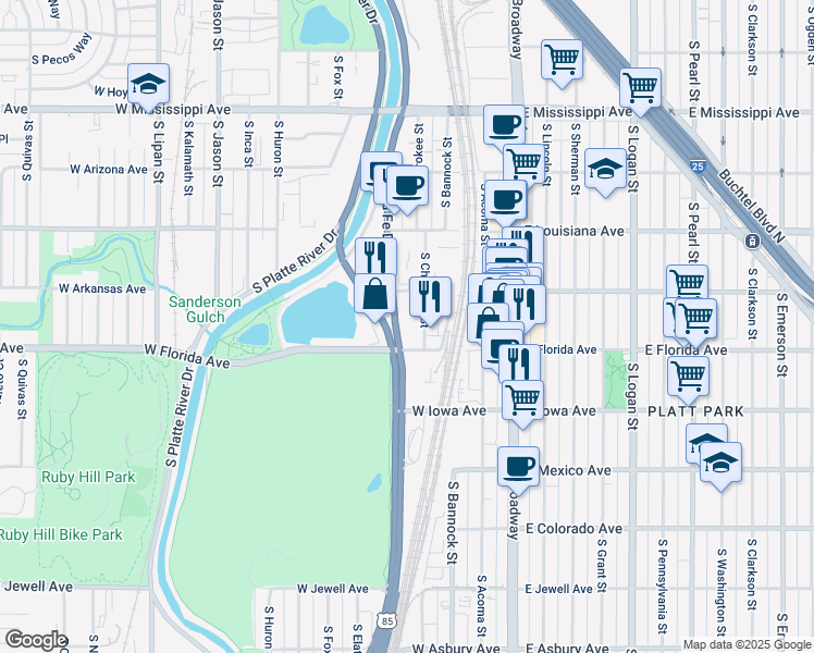 map of restaurants, bars, coffee shops, grocery stores, and more near 1468c South Cherokee Street in Denver