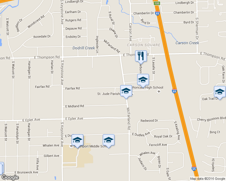 map of restaurants, bars, coffee shops, grocery stores, and more near 2733 Fairfax Rd in Indianapolis
