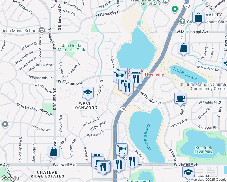 map of restaurants, bars, coffee shops, grocery stores, and more near 1572 South Owens Street in Denver
