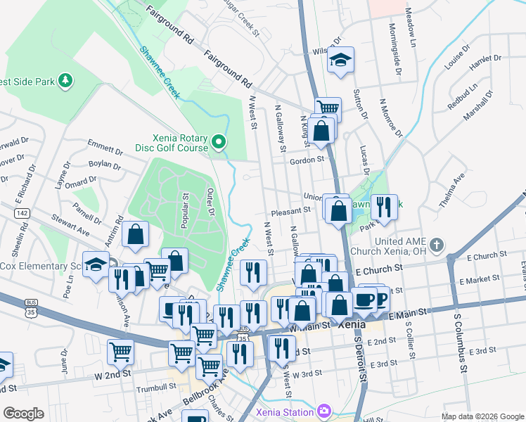 map of restaurants, bars, coffee shops, grocery stores, and more near 410 North West Street in Xenia
