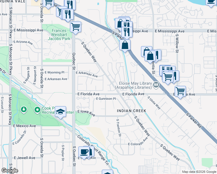 map of restaurants, bars, coffee shops, grocery stores, and more near 1475 South Quebec Way in Denver