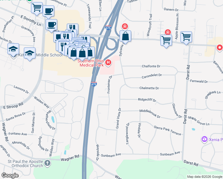map of restaurants, bars, coffee shops, grocery stores, and more near 4335 Frontenac Drive in Dayton
