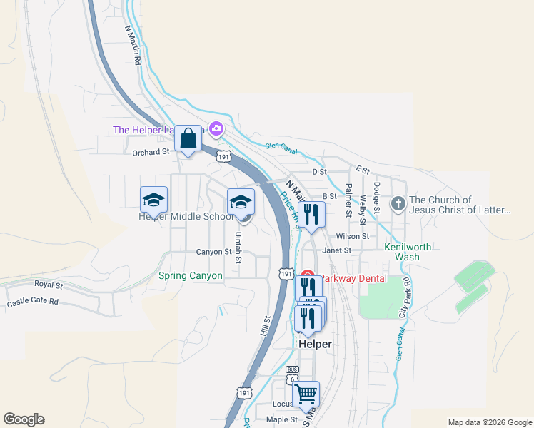 map of restaurants, bars, coffee shops, grocery stores, and more near 73 Garden Street in Helper