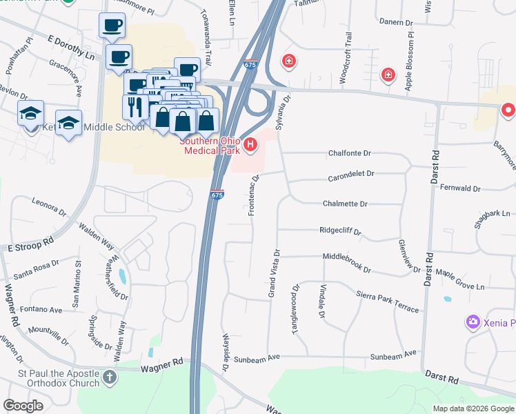 map of restaurants, bars, coffee shops, grocery stores, and more near 4335 Frontenac Drive in Dayton