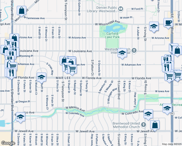 map of restaurants, bars, coffee shops, grocery stores, and more near in Denver