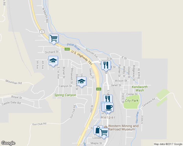 map of restaurants, bars, coffee shops, grocery stores, and more near 73 Garden Street in Helper