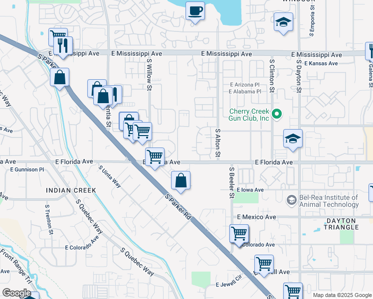 map of restaurants, bars, coffee shops, grocery stores, and more near 8841 East Florida Avenue in Denver