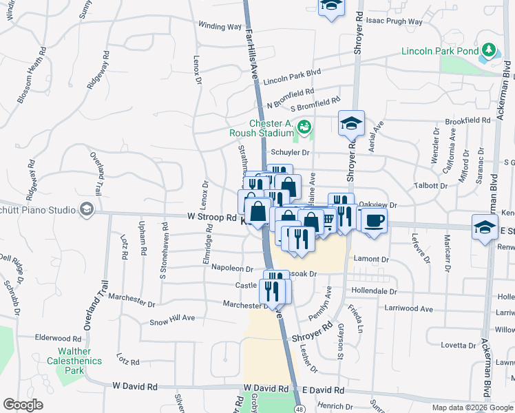map of restaurants, bars, coffee shops, grocery stores, and more near in Kettering