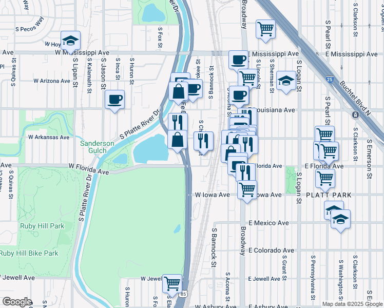 map of restaurants, bars, coffee shops, grocery stores, and more near 411 West Florida Avenue in Denver