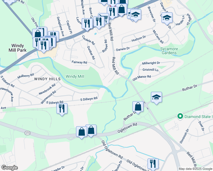 map of restaurants, bars, coffee shops, grocery stores, and more near 86 Red Mill Road in Newark