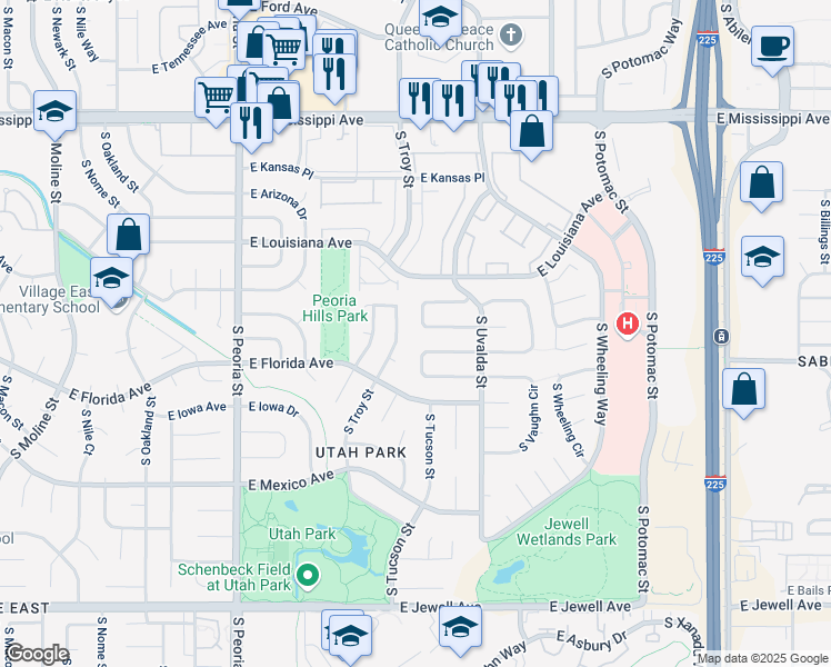 map of restaurants, bars, coffee shops, grocery stores, and more near 1448 South Troy Street in Aurora