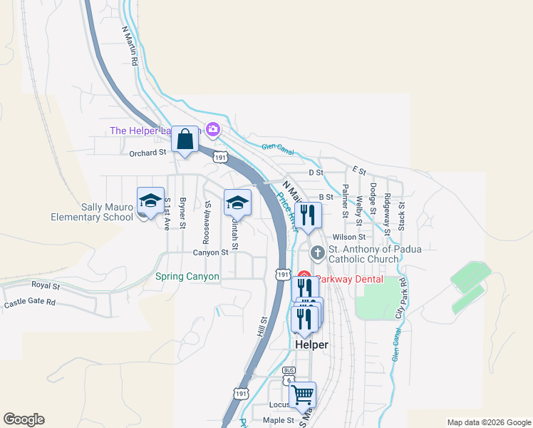map of restaurants, bars, coffee shops, grocery stores, and more near 73 Garden Street in Helper