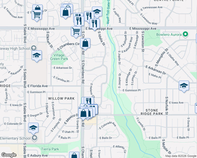 map of restaurants, bars, coffee shops, grocery stores, and more near 1474 South Helena Circle in Aurora
