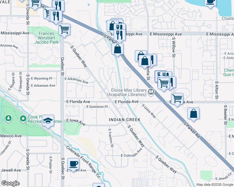 map of restaurants, bars, coffee shops, grocery stores, and more near 16 South Quebec Way in Denver