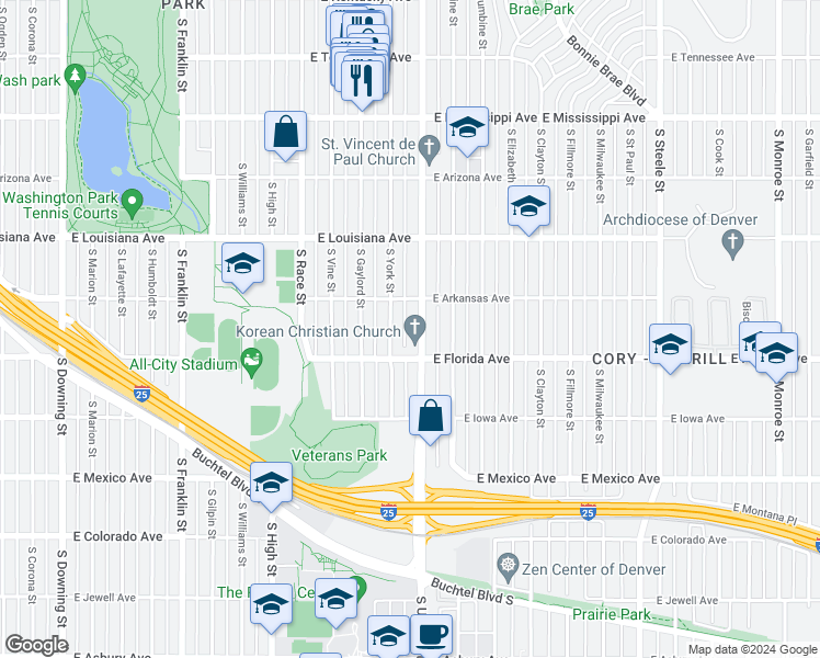 map of restaurants, bars, coffee shops, grocery stores, and more near 1449 South University Boulevard in Denver