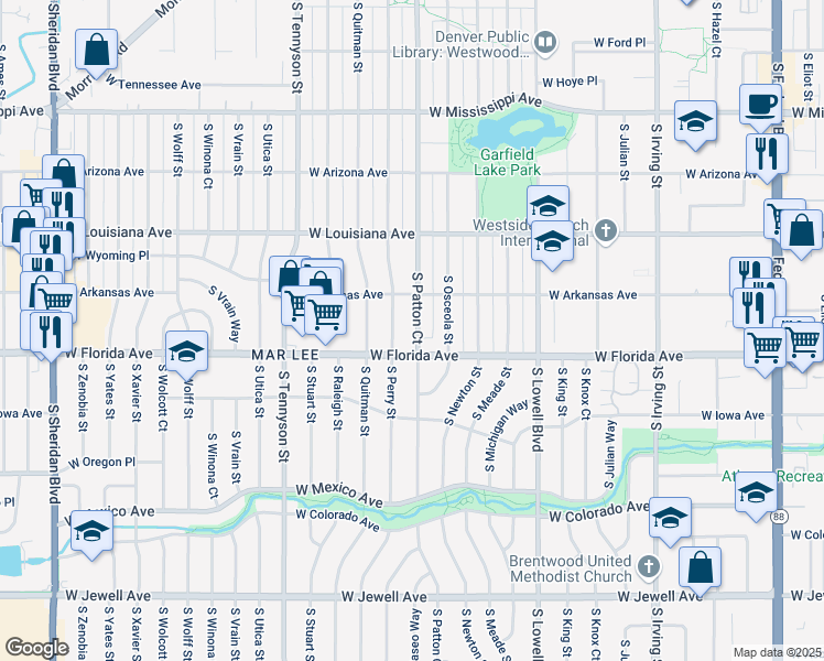 map of restaurants, bars, coffee shops, grocery stores, and more near in Denver