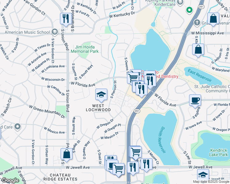 map of restaurants, bars, coffee shops, grocery stores, and more near 1478 South Pierson Street in Lakewood