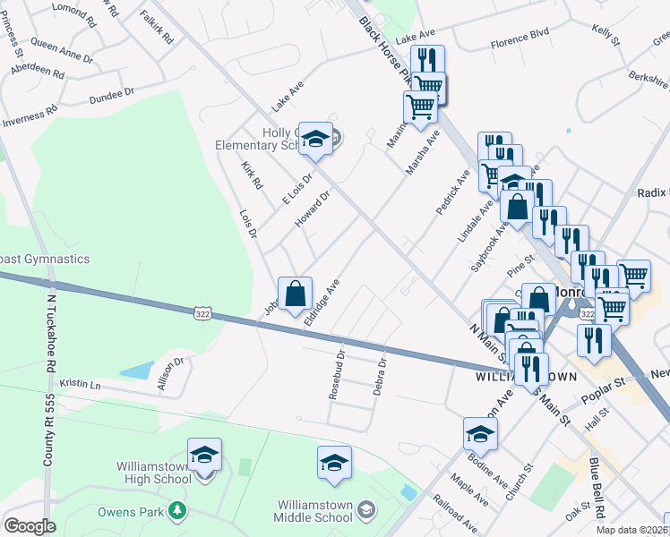 map of restaurants, bars, coffee shops, grocery stores, and more near 77 Eldridge Avenue in Monroe