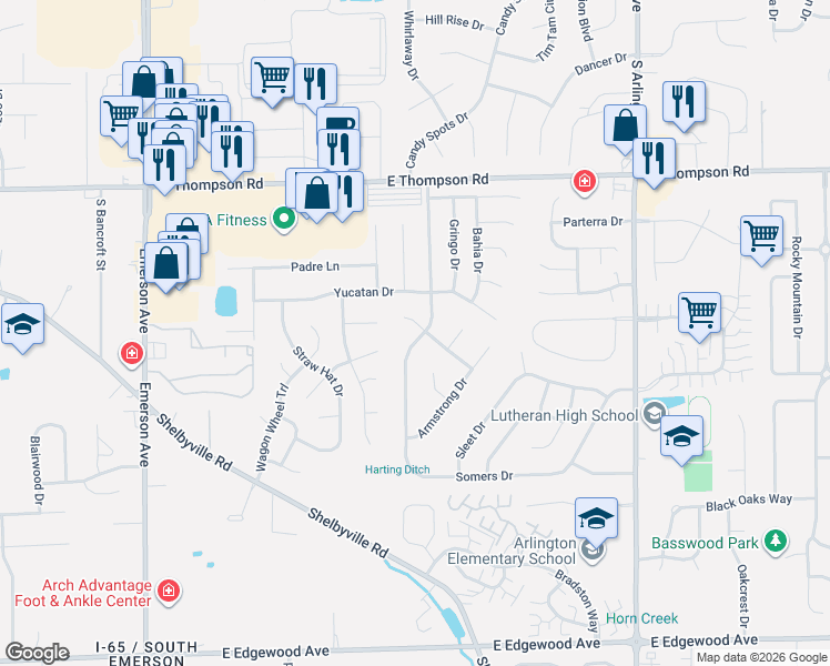 map of restaurants, bars, coffee shops, grocery stores, and more near 5531 Lunsford Drive in Indianapolis