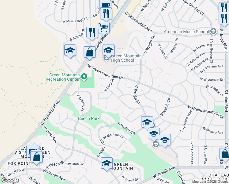 map of restaurants, bars, coffee shops, grocery stores, and more near 12941 West Florida Drive in Lakewood