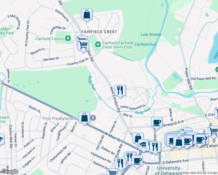 map of restaurants, bars, coffee shops, grocery stores, and more near 313 New London Road in Newark