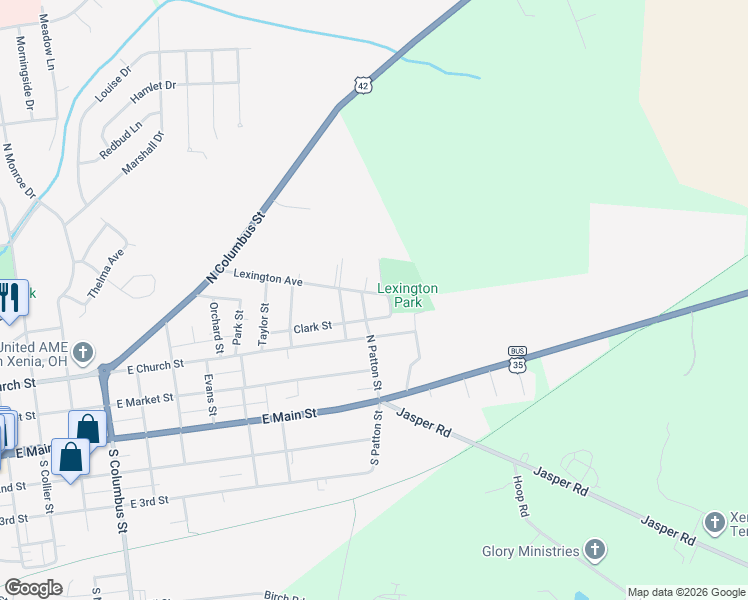 map of restaurants, bars, coffee shops, grocery stores, and more near 1053 Lexington Avenue in Xenia