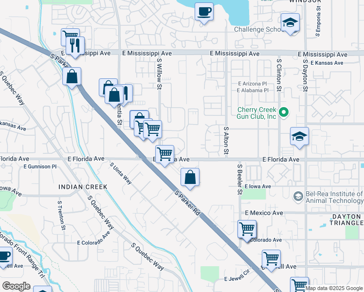 map of restaurants, bars, coffee shops, grocery stores, and more near 8707 East Florida Avenue in Denver