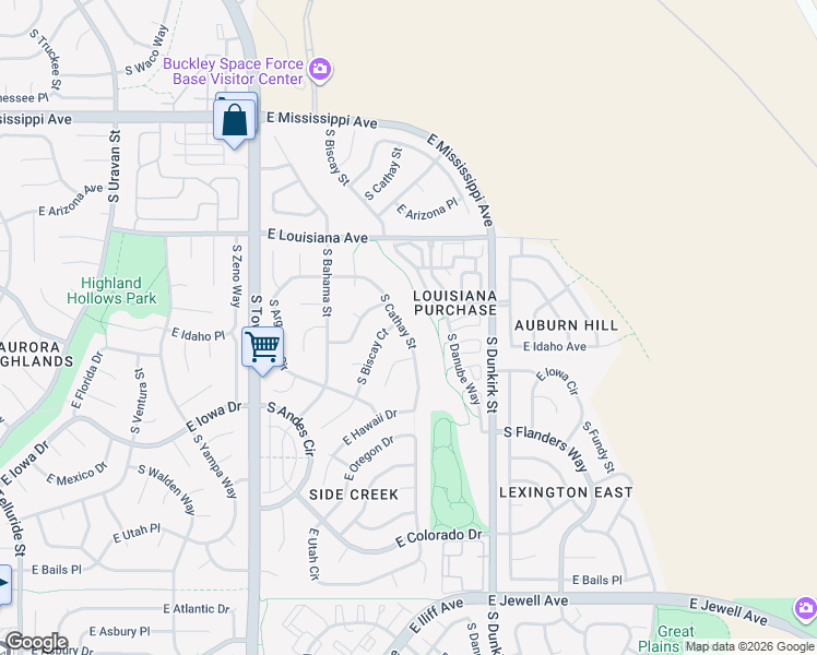 map of restaurants, bars, coffee shops, grocery stores, and more near 1410 South Cathay Street in Aurora