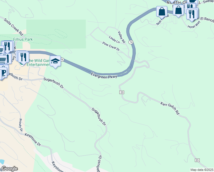map of restaurants, bars, coffee shops, grocery stores, and more near 30255 Telluride Lane in Evergreen