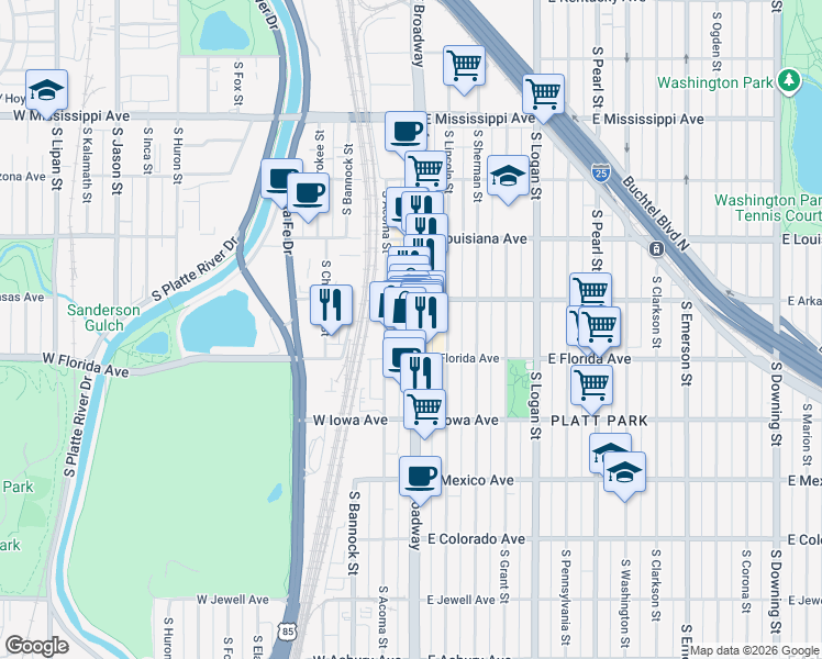 map of restaurants, bars, coffee shops, grocery stores, and more near 1451 South Broadway in Denver
