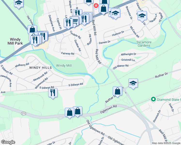 map of restaurants, bars, coffee shops, grocery stores, and more near 86 Red Mill Road in Newark