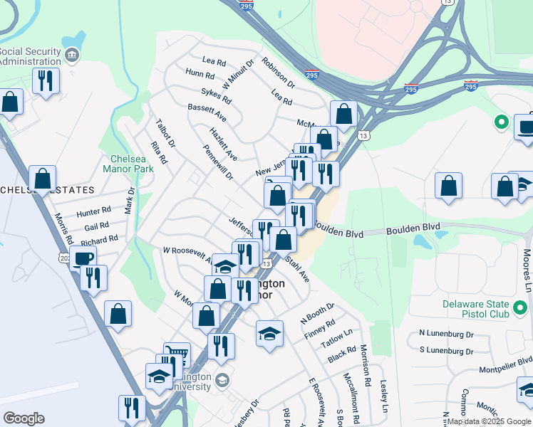 map of restaurants, bars, coffee shops, grocery stores, and more near 1303 Pennsylvania Avenue in Wilmington Manor