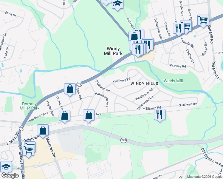 map of restaurants, bars, coffee shops, grocery stores, and more near 18 South Dillwyn Road in Newark