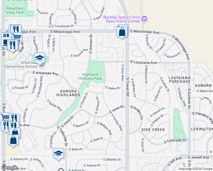 map of restaurants, bars, coffee shops, grocery stores, and more near 18335 East Idaho Place in Aurora