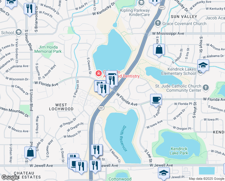 map of restaurants, bars, coffee shops, grocery stores, and more near 1520 South Kipling Parkway in Lakewood