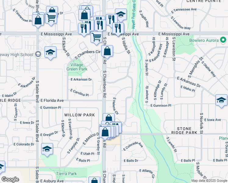 map of restaurants, bars, coffee shops, grocery stores, and more near 1474 South Helena Circle in Aurora
