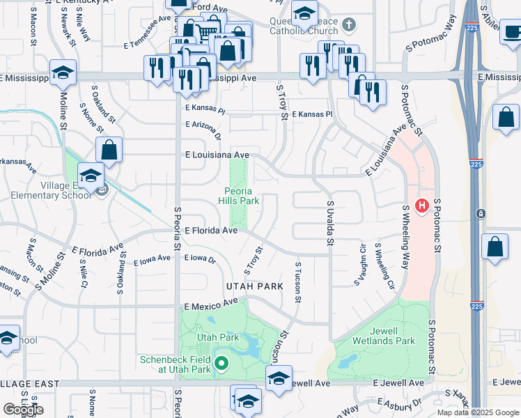map of restaurants, bars, coffee shops, grocery stores, and more near 1483 South Salem Way in Aurora