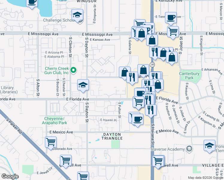 map of restaurants, bars, coffee shops, grocery stores, and more near 10011 East Carolina Drive in Denver