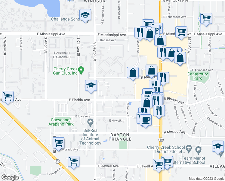 map of restaurants, bars, coffee shops, grocery stores, and more near 9913 East Carolina Circle in Denver
