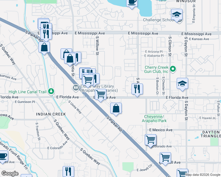 map of restaurants, bars, coffee shops, grocery stores, and more near 8707 East Florida Avenue in Denver