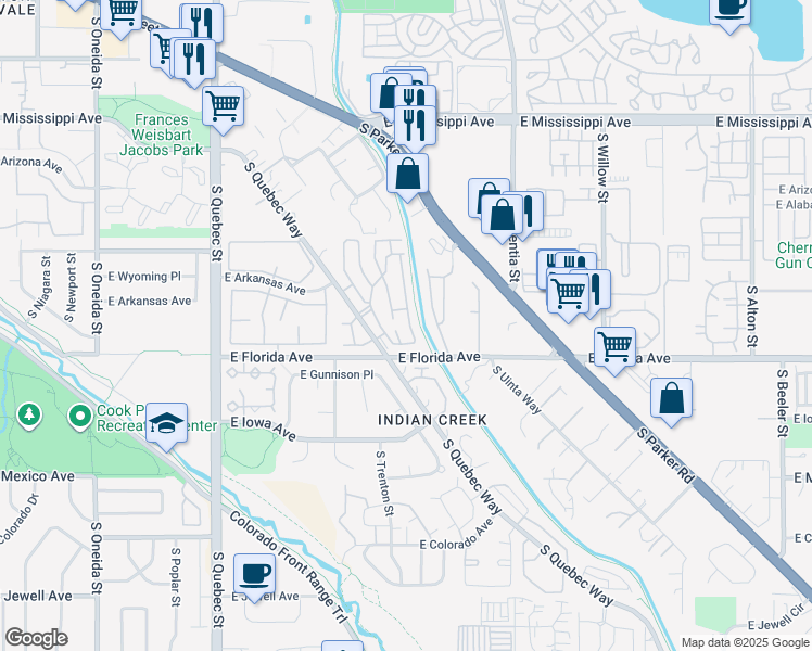 map of restaurants, bars, coffee shops, grocery stores, and more near 16 South Quebec Way in Denver