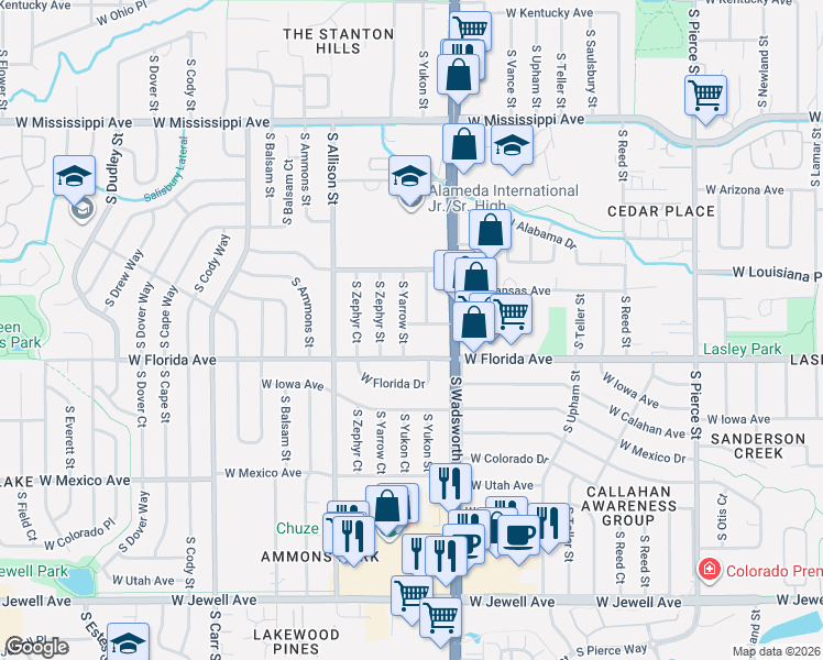 map of restaurants, bars, coffee shops, grocery stores, and more near 7670 West Arkansas Place in Lakewood