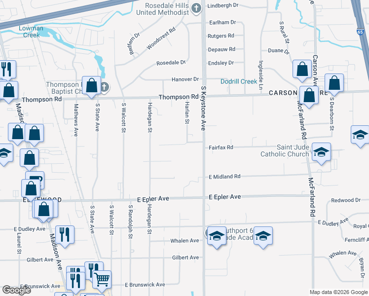 map of restaurants, bars, coffee shops, grocery stores, and more near 2213 Fairfax Road in Indianapolis