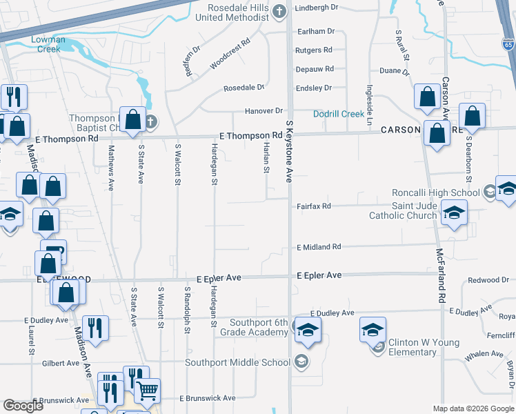 map of restaurants, bars, coffee shops, grocery stores, and more near 2213 Fairfax Road in Indianapolis